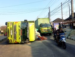 Truk Fuso Muatan Pakan Ternak Terguling, Sebabkan Kemacetan di Jalan Raya Tejo Mojoagung